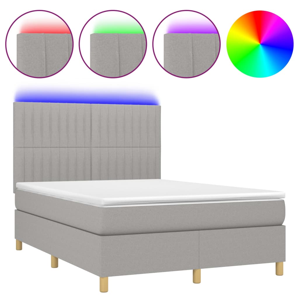 Krevet box spring s madracem LED svjetlosivi 140x200 cm tkanina