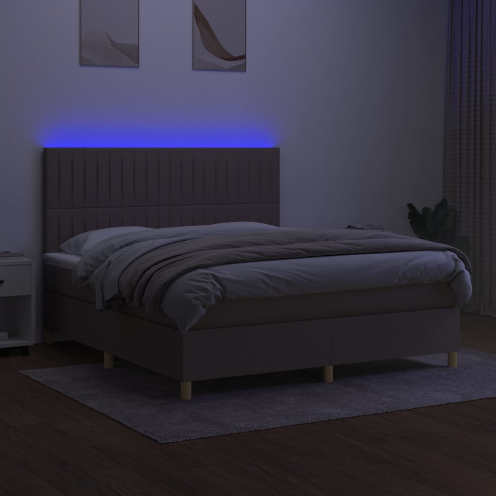 Krevet box spring s madracem LED smeđesivi 160x200 cm tkanina