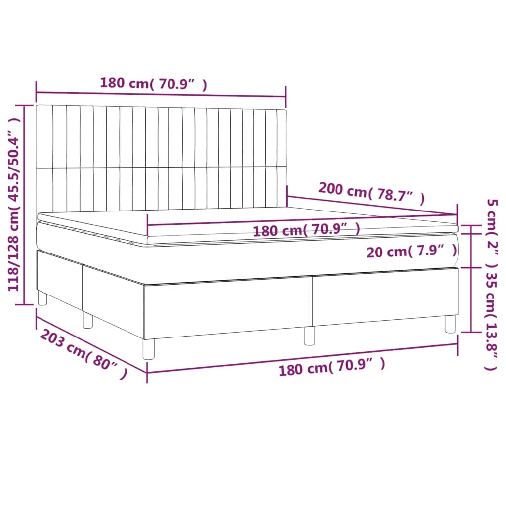 Krevet box spring s madracem LED svjetlosivi 180x200 cm tkanina
