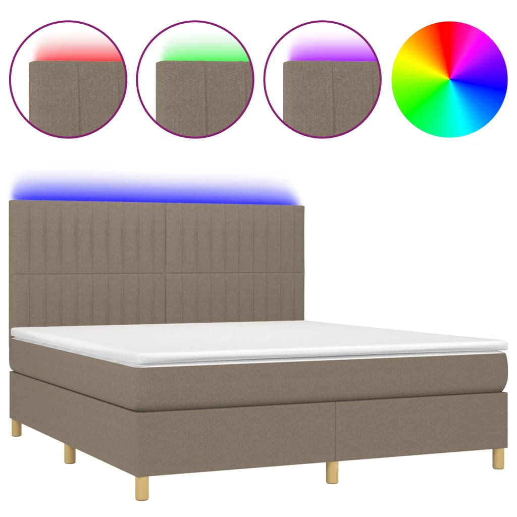 Krevet box spring s madracem LED smeđesivi 180x200 cm tkanina