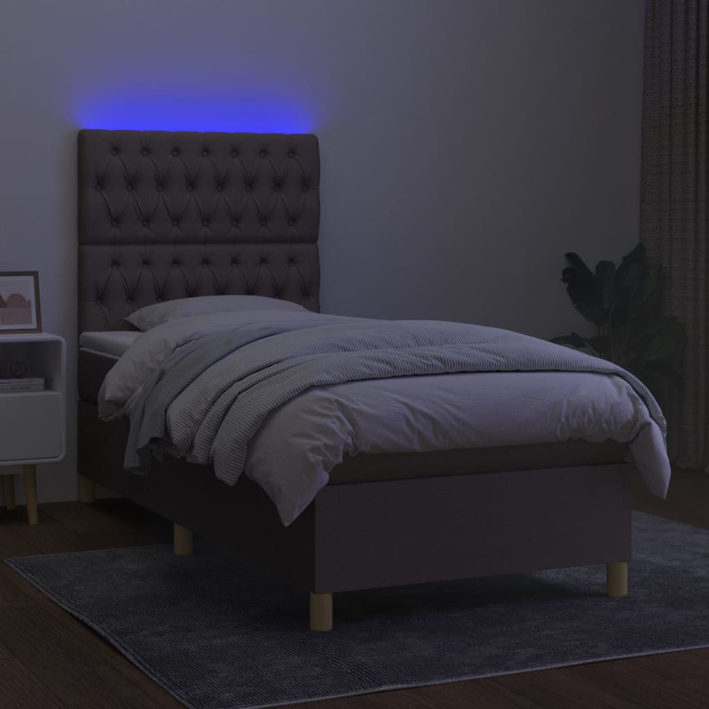 Krevet box spring s madracem LED smeđesivi 90x200 cm tkanina