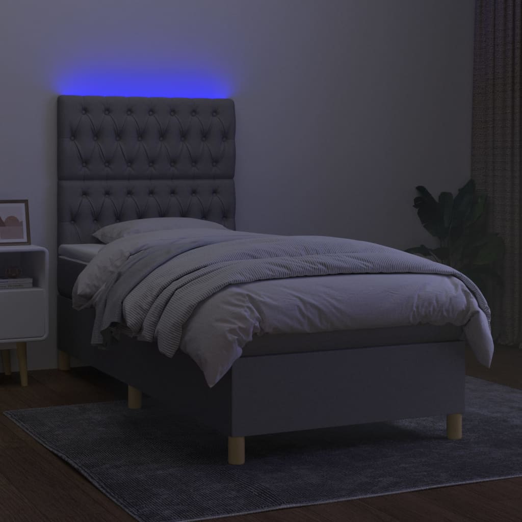 Krevet box spring s madracem LED svjetlosivi 100x200 cm tkanina