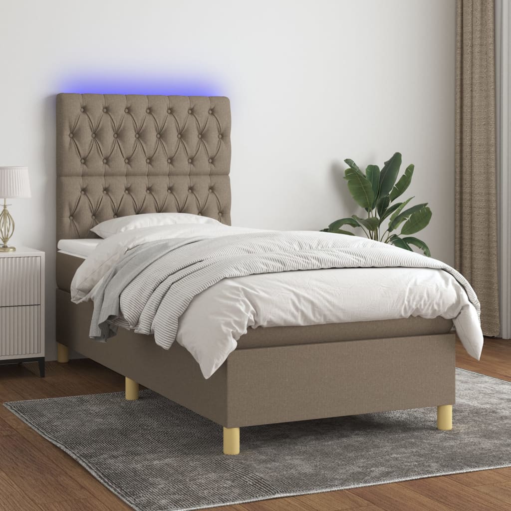Krevet box spring s madracem LED smeđesivi 100x200 cm tkanina