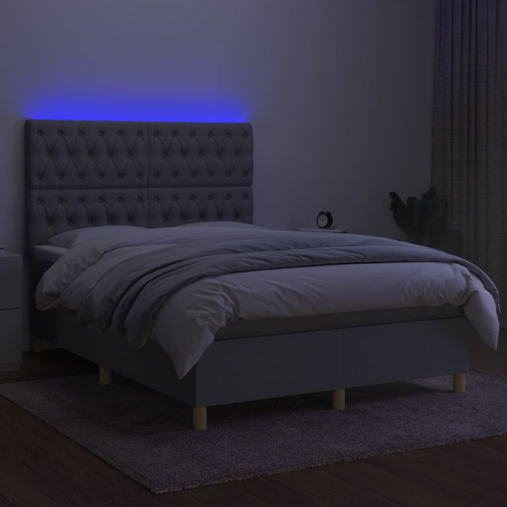 Krevet box spring s madracem LED svjetlosivi 140x200 cm tkanina