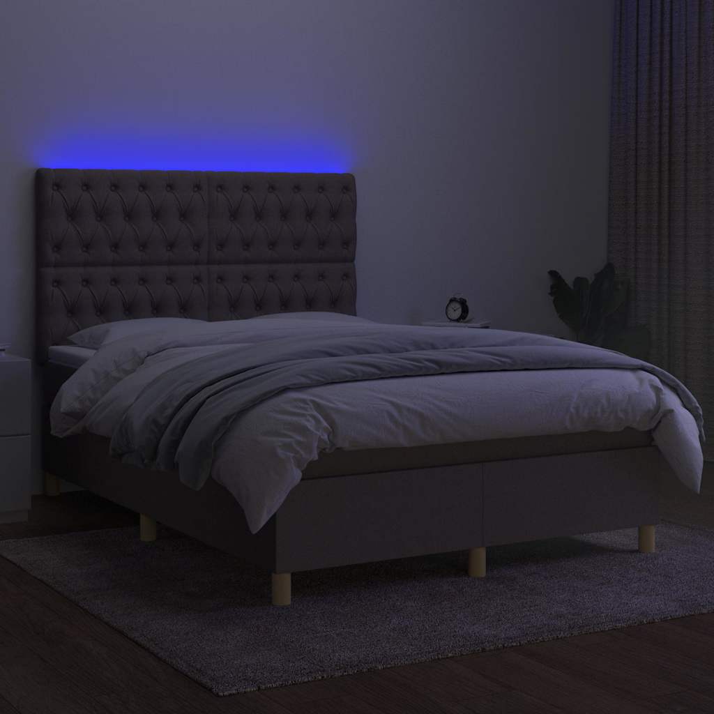 Krevet box spring s madracem LED smeđesivi 140x200 cm tkanina