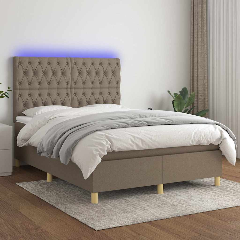 Krevet box spring s madracem LED smeđesivi 140x200 cm tkanina