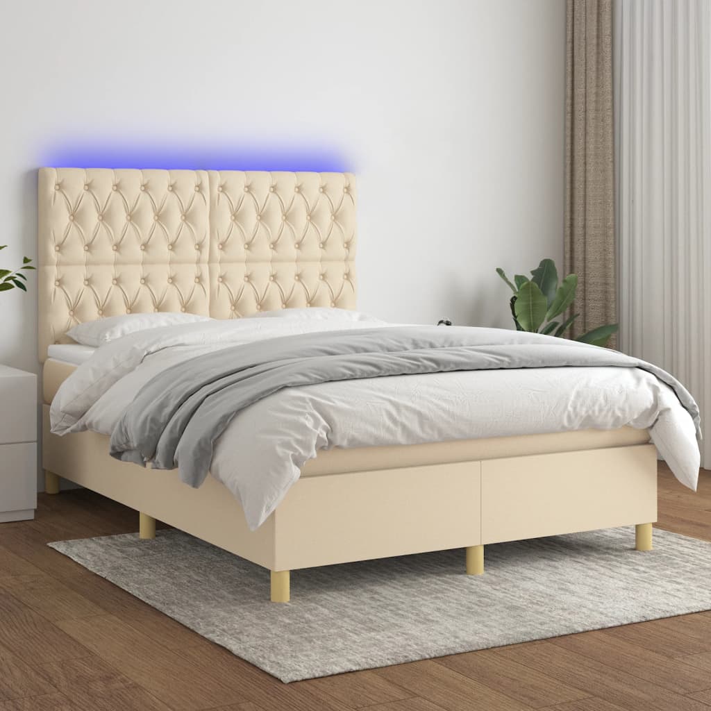 Krevet box spring s madracem LED krem 140x200 cm od tkanine