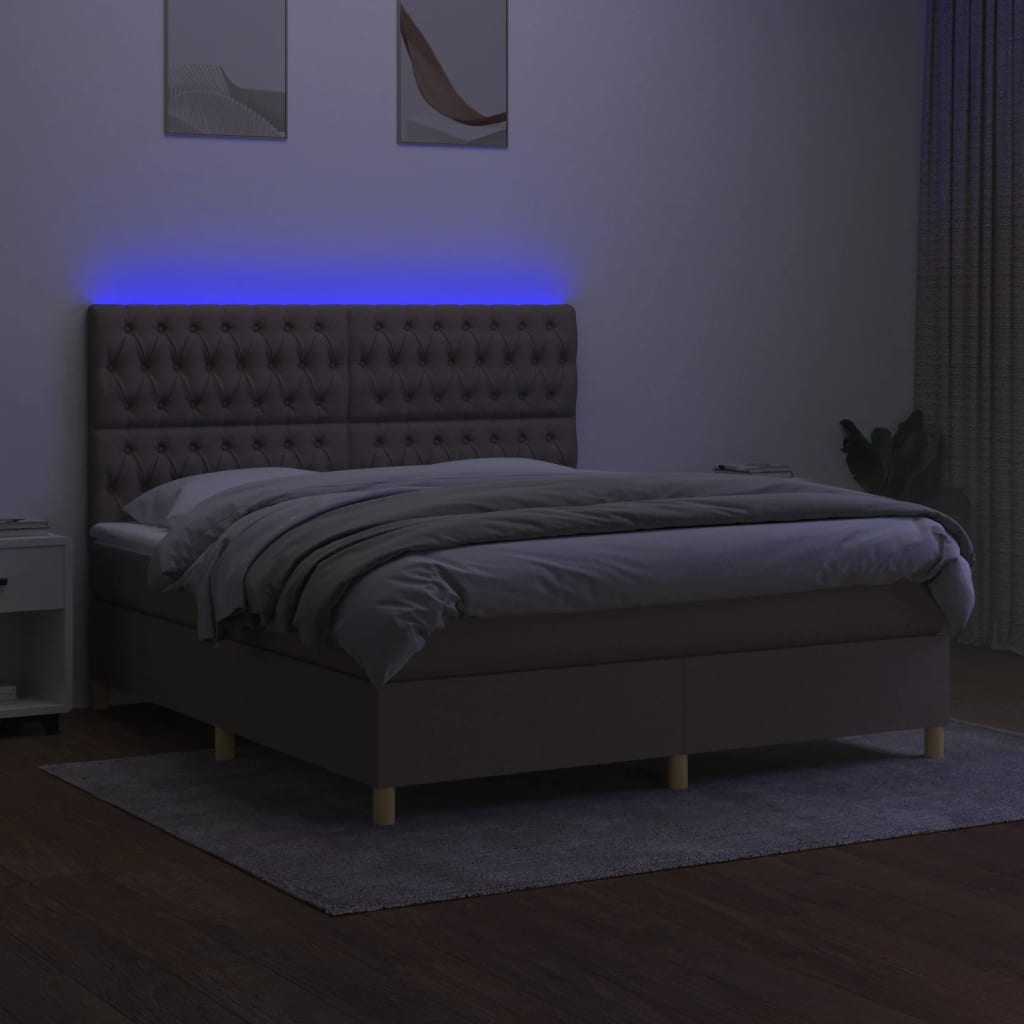 Krevet box spring s madracem LED smeđesivi 160x200 cm tkanina