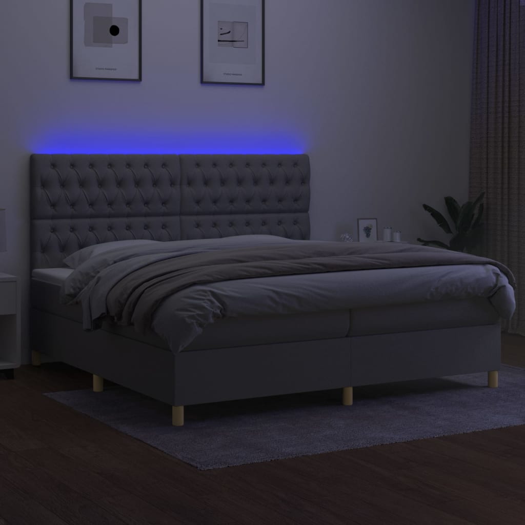 Krevet box spring s madracem LED svjetlosivi 200x200 cm tkanina