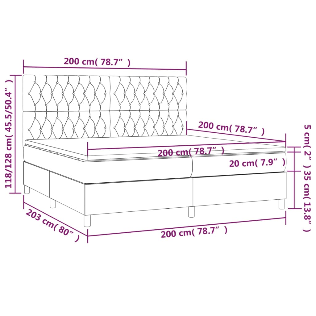 Krevet box spring s madracem LED svjetlosivi 200x200 cm tkanina