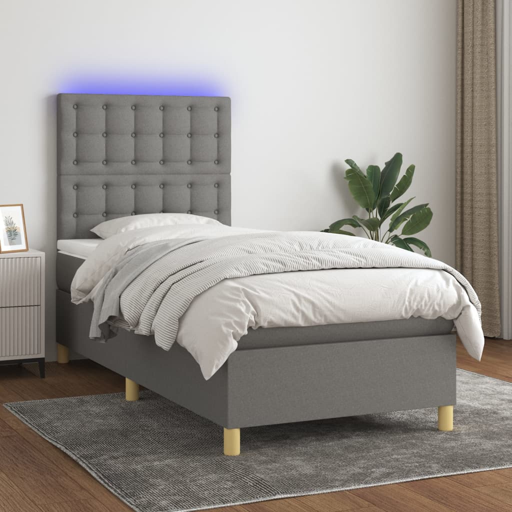 Krevet box spring s madracem LED tamnosivi 90x200 cm tkanina
