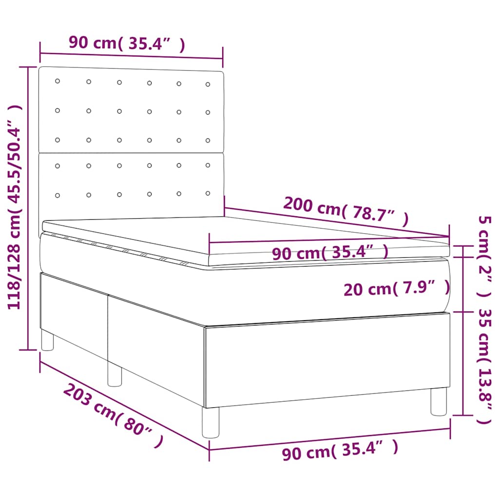 Krevet box spring s madracem LED crni 90x200 cm od tkanine