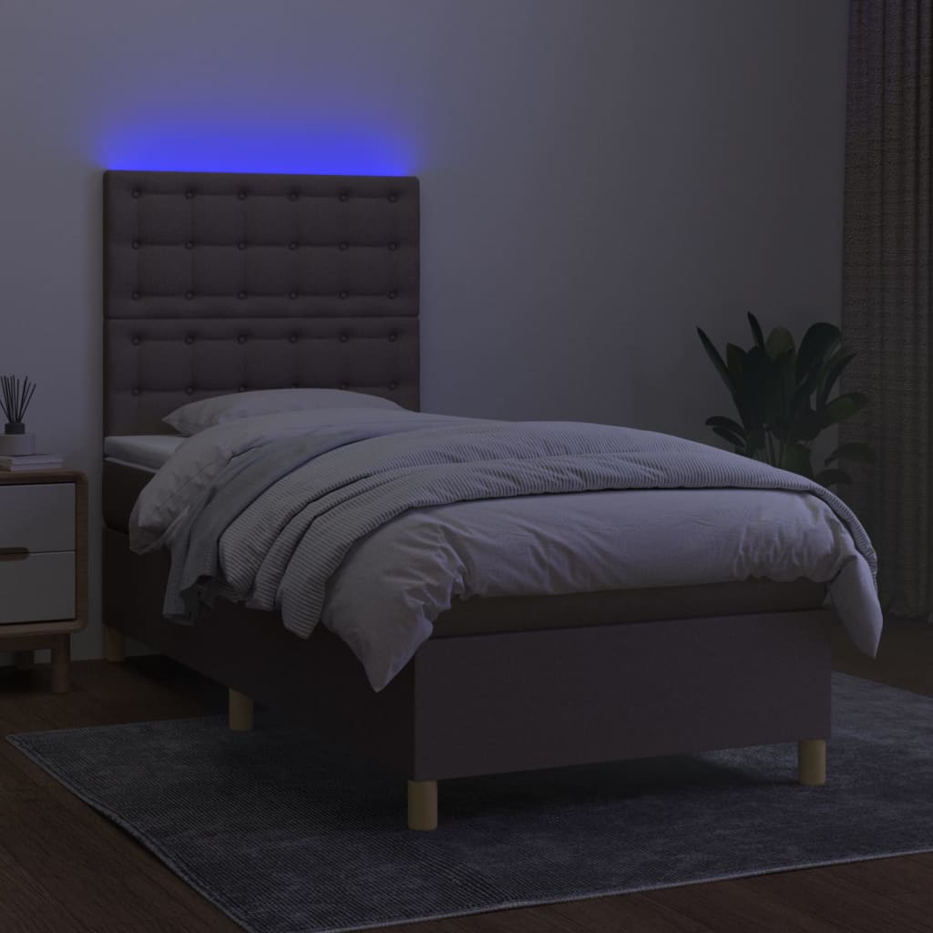 Krevet box spring s madracem LED smeđesivi 100x200 cm tkanina