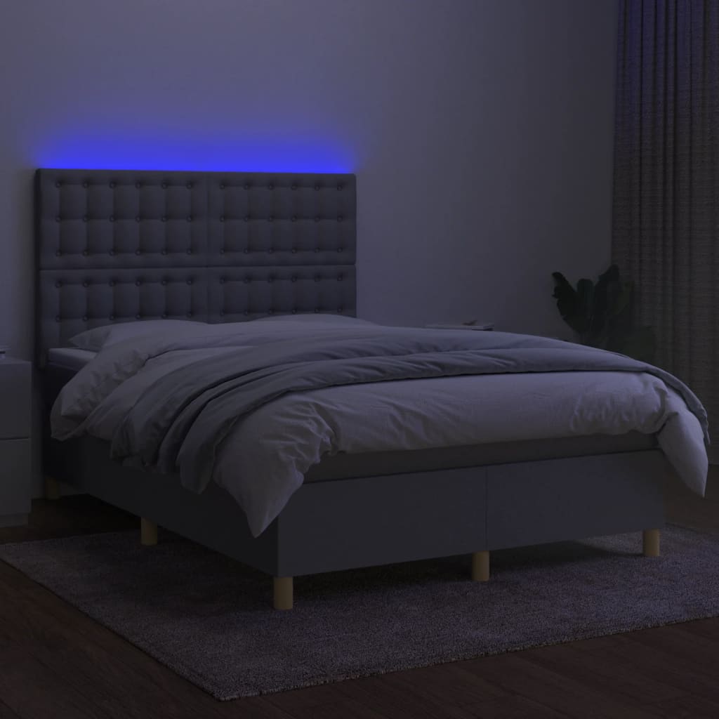Krevet box spring s madracem LED svjetlosivi 140x190 cm tkanina