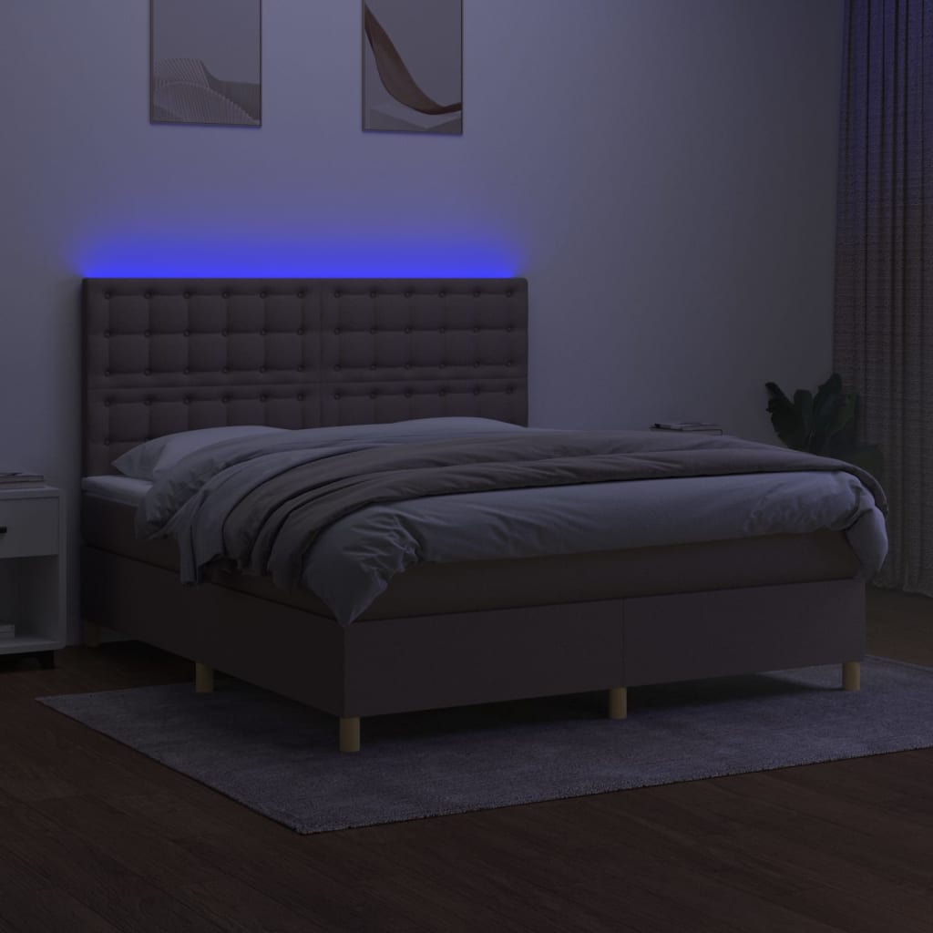 Krevet box spring s madracem LED smeđesivi 160x200 cm tkanina