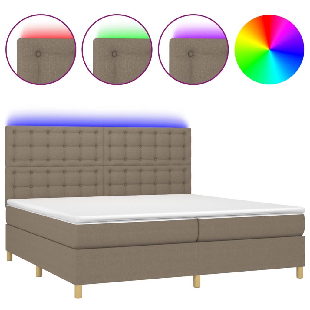 Krevet box spring s madracem LED smeđesivi 200x200 cm tkanina