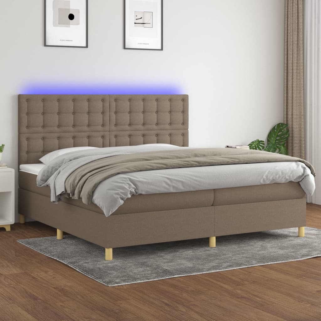 Krevet box spring s madracem LED smeđesivi 200x200 cm tkanina