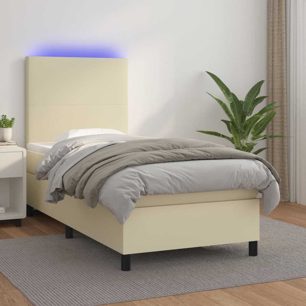 Krevet box spring s madracem LED krem 90x190 cm od umjetne kože