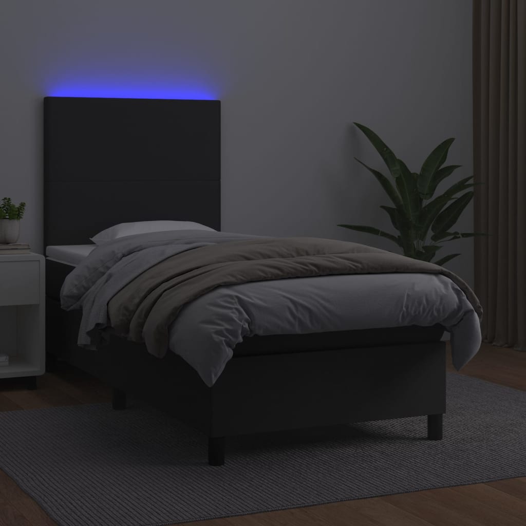 Krevet box spring s madracem LED crni 90x200 cm od umjetne kože