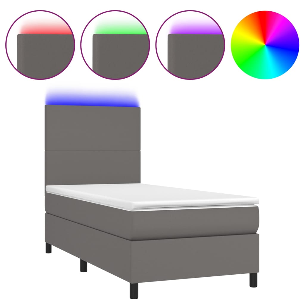 Krevet box spring s madracem LED sivi 90x200 cm od umjetne kože