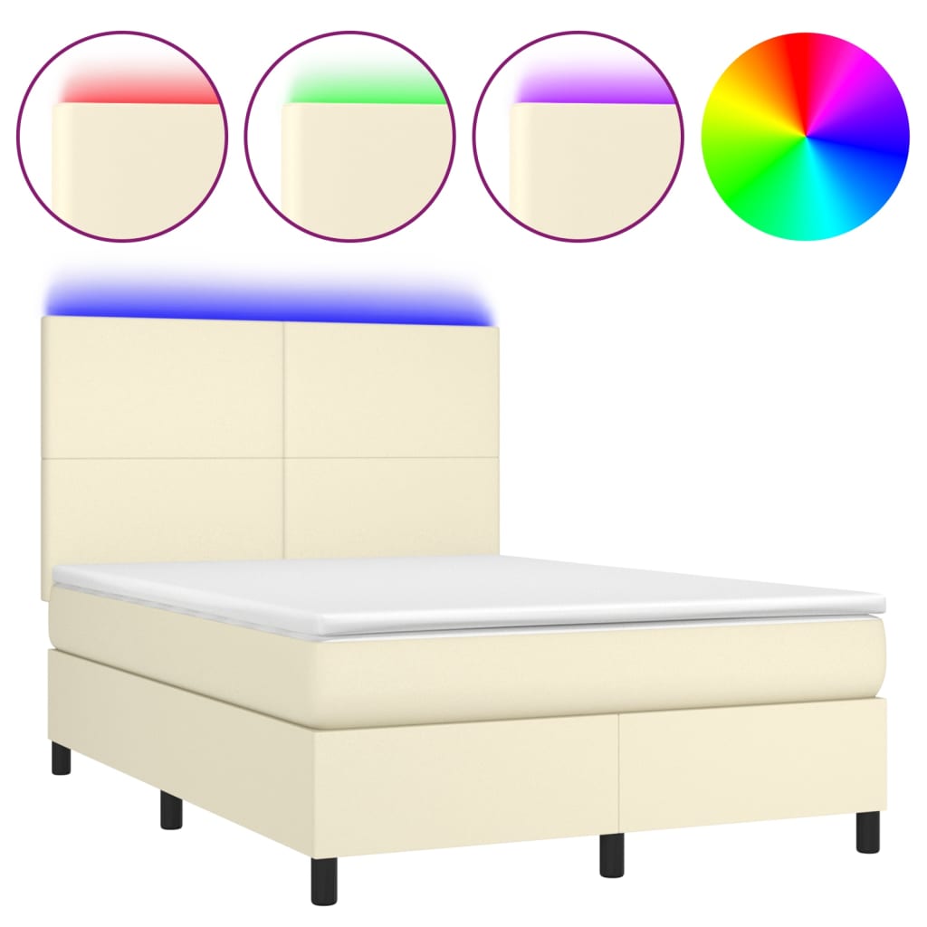 Krevet box spring s madracem LED krem 140x190cm od umjetne kože