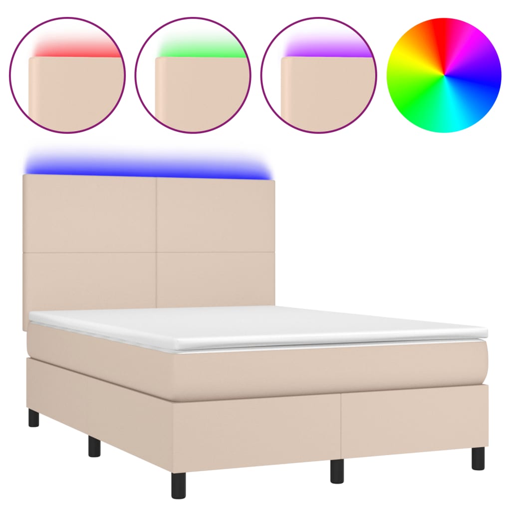 Krevet box spring madrac LED cappuccino 140x190cm umjetna koža