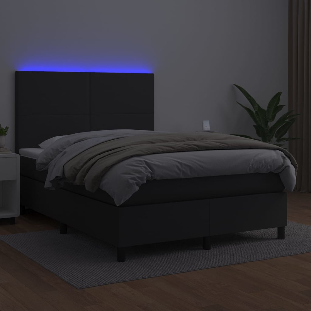 Krevet box spring s madracem LED crni 140x200cm od umjetne kože