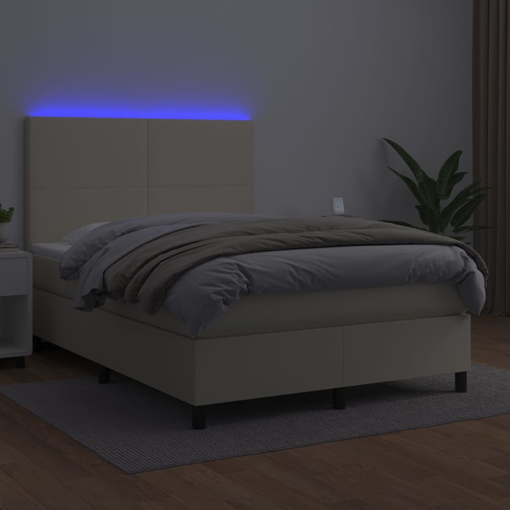 Krevet box spring s madracem LED krem 140x200cm od umjetne kože