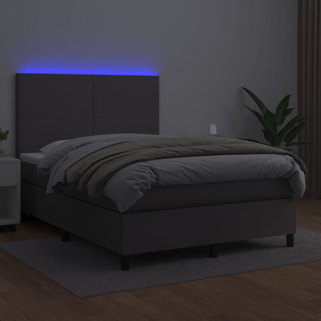 Krevet box spring s madracem LED sivi 140x200cm od umjetne kože
