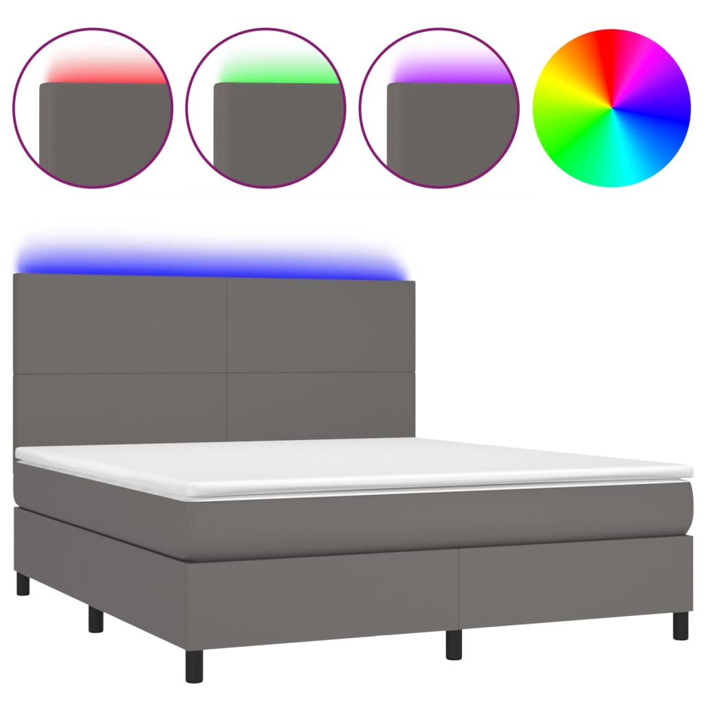 Krevet box spring s madracem LED sivi 180x200cm od umjetne kože