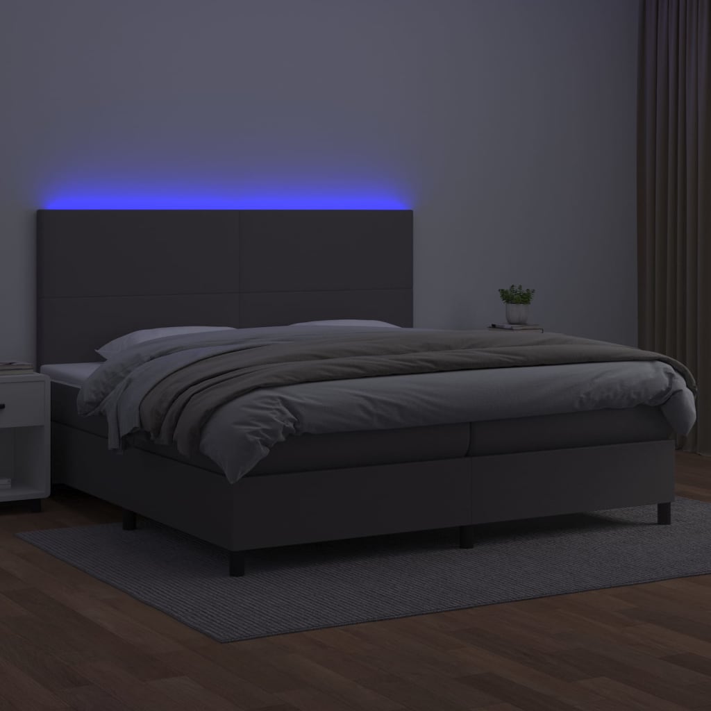 Krevet box spring s madracem LED sivi 200x200cm od umjetne kože