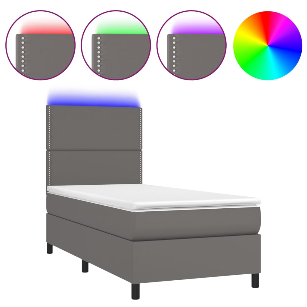Krevet box spring s madracem LED sivi 90x190 cm od umjetne kože