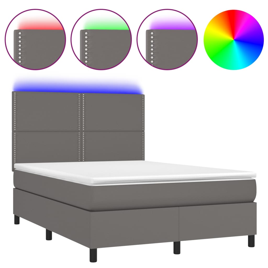 Krevet box spring s madracem LED sivi 140x190cm od umjetne kože