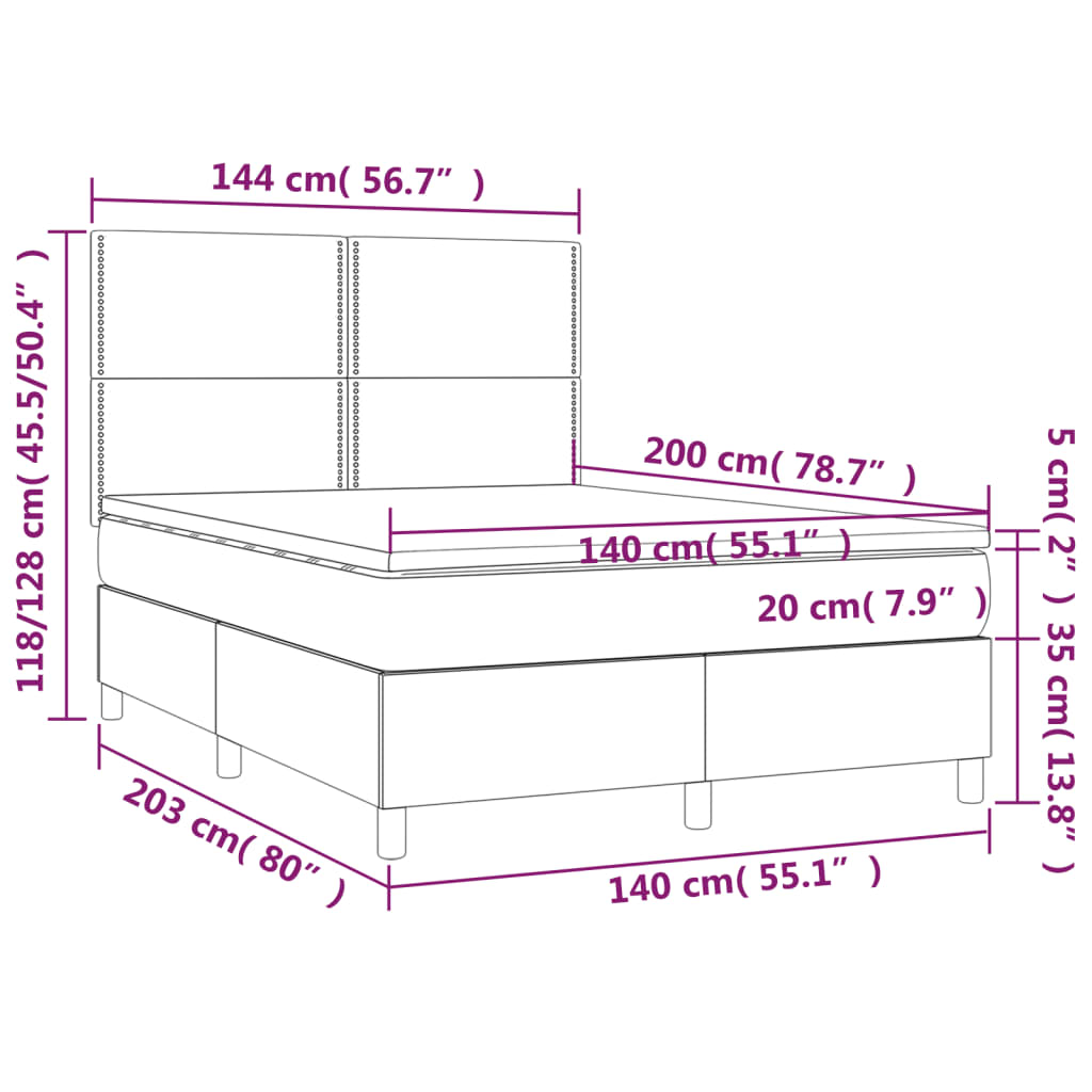 Krevet box spring s madracem LED sivi 140x200cm od umjetne kože