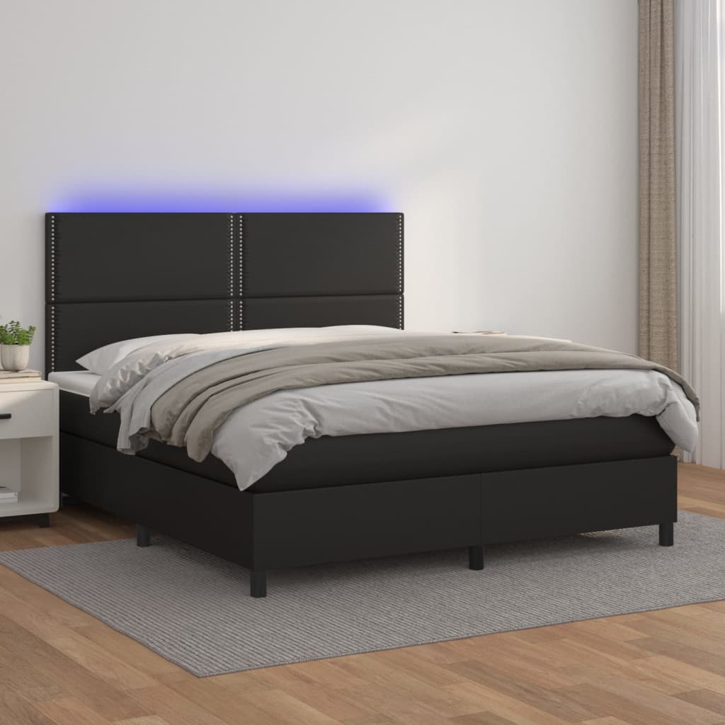 Krevet box spring s madracem LED crni 180x200cm od umjetne kože