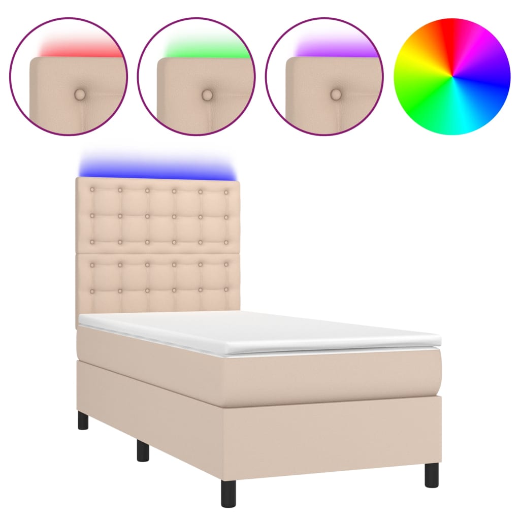 Krevet box spring i madrac LED cappuccino 80x200cm umjetna koža