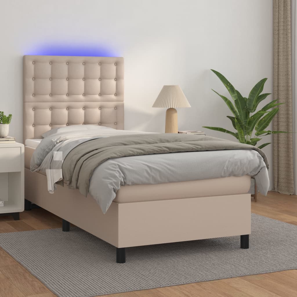 Krevet box spring i madrac LED cappuccino 80x200cm umjetna koža