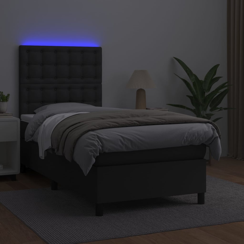 Krevet box spring s madracem LED crni 90x200 cm od umjetne kože