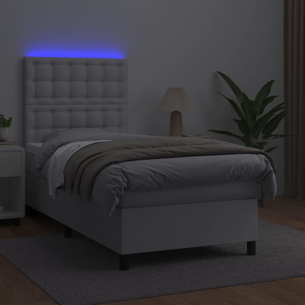 Krevet box spring s madracem LED bijeli 100x200 cm umjetna koža