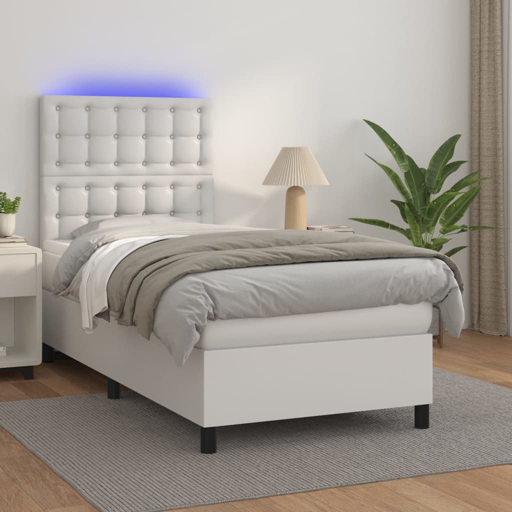 Krevet box spring s madracem LED bijeli 100x200 cm umjetna koža