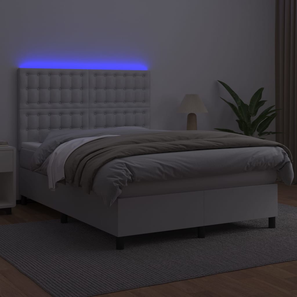 Krevet box spring s madracem LED bijeli 140x190 cm umjetna koža