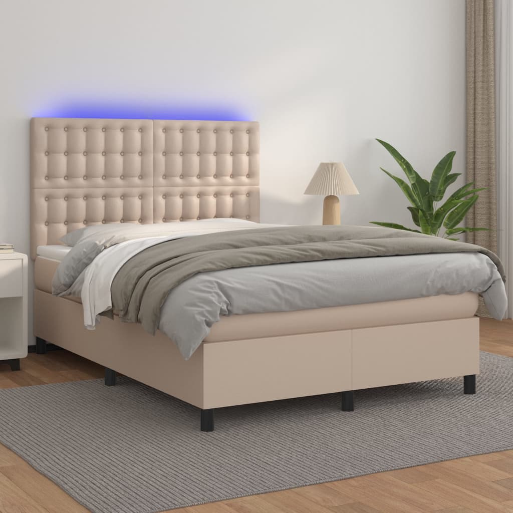 Krevet box spring madrac LED cappuccino 140x190cm umjetna koža