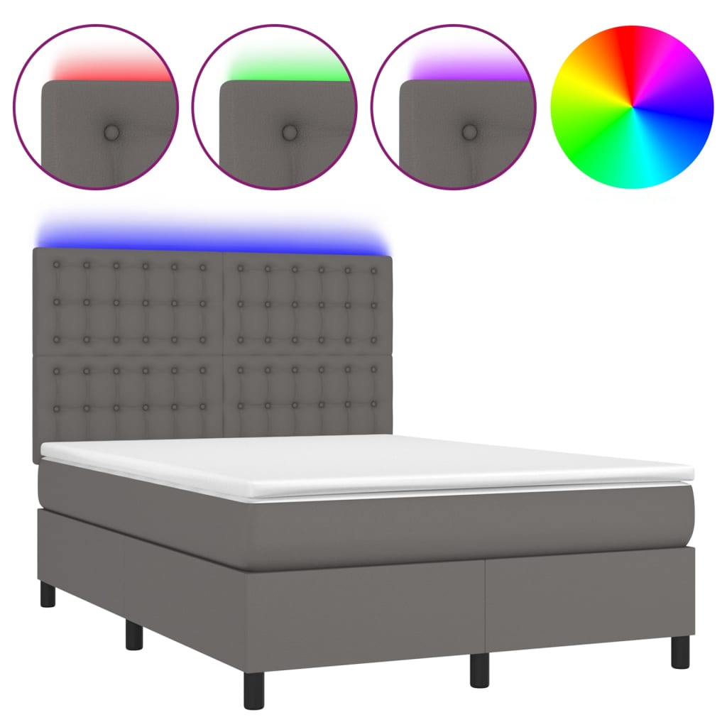 Krevet box spring s madracem LED sivi 140x200cm od umjetne kože