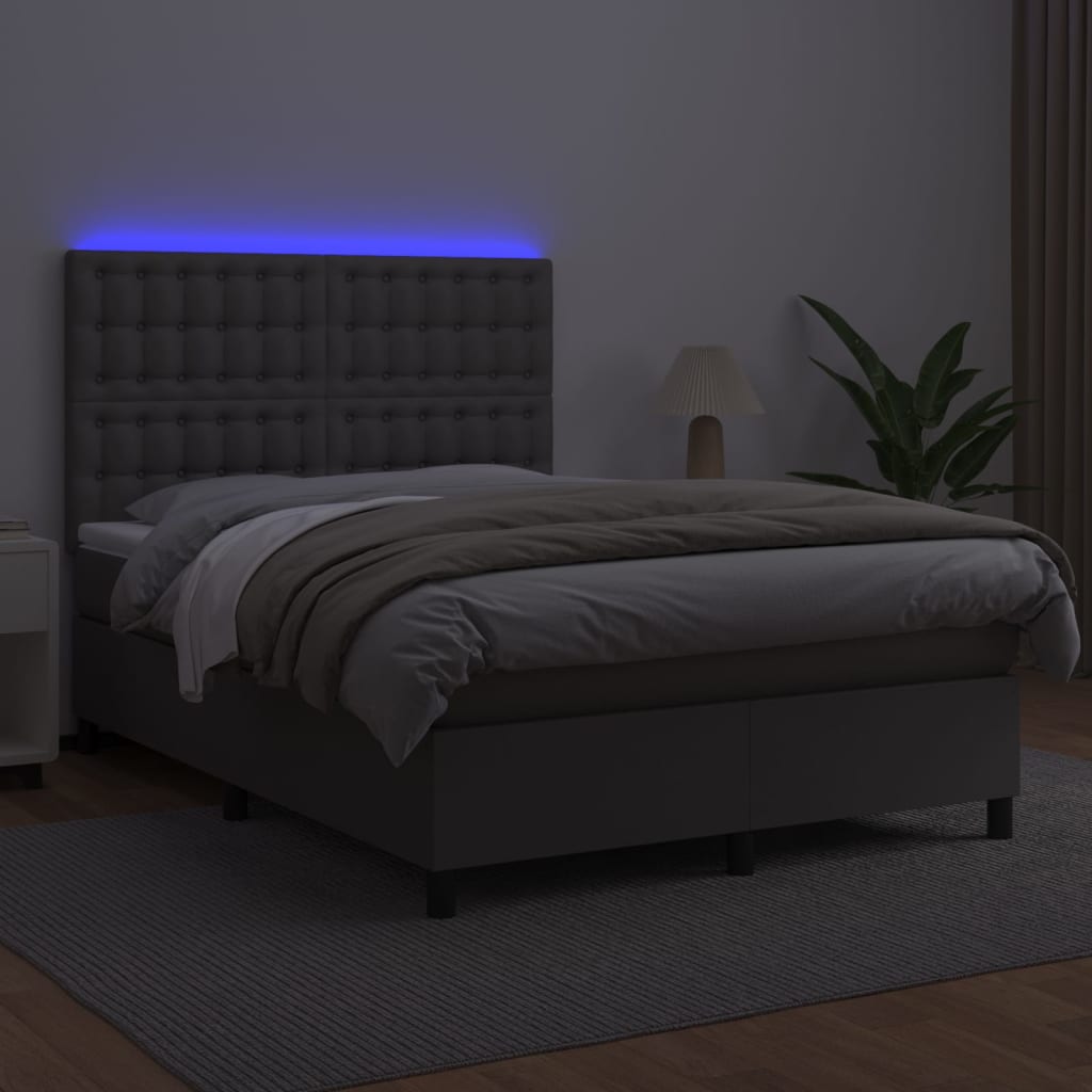 Krevet box spring s madracem LED sivi 140x200cm od umjetne kože