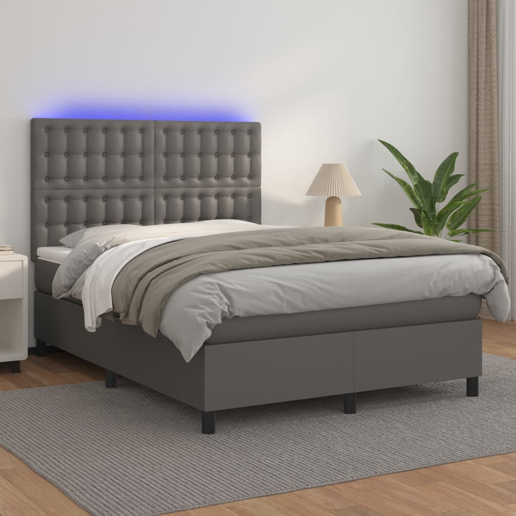 Krevet box spring s madracem LED sivi 140x200cm od umjetne kože