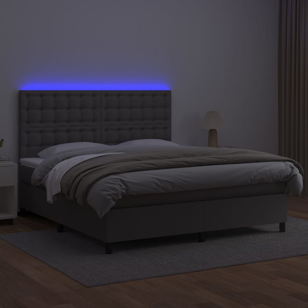 Krevet box spring s madracem LED sivi 180x200cm od umjetne kože