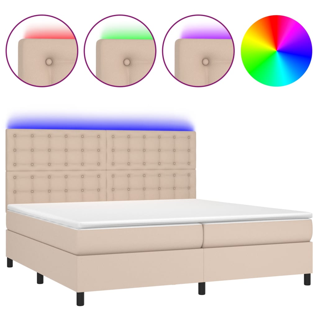 Krevet box spring madrac LED cappuccino 200x200cm umjetna koža