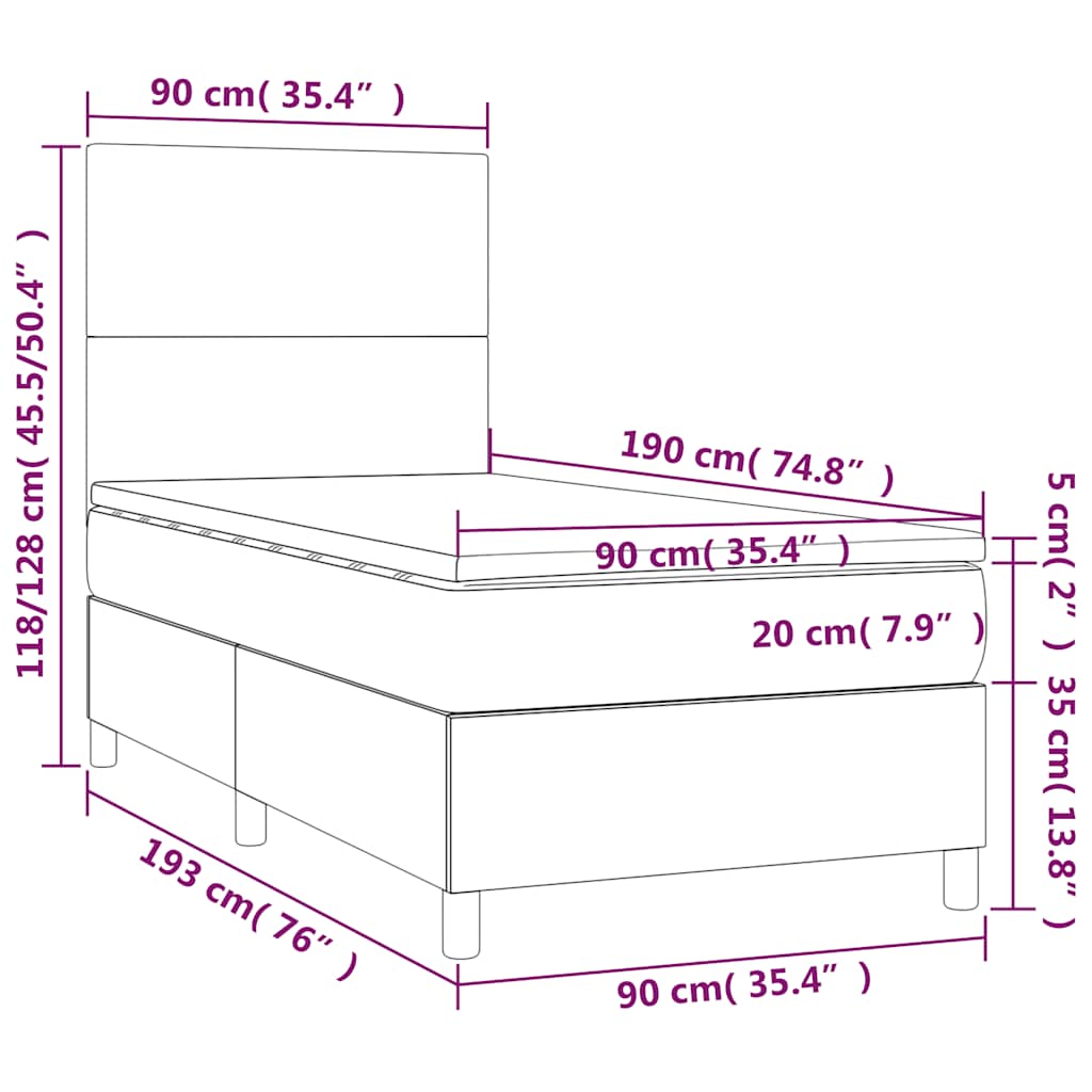 Krevet box spring s madracem LED tamnozeleni 90x190 cm baršun