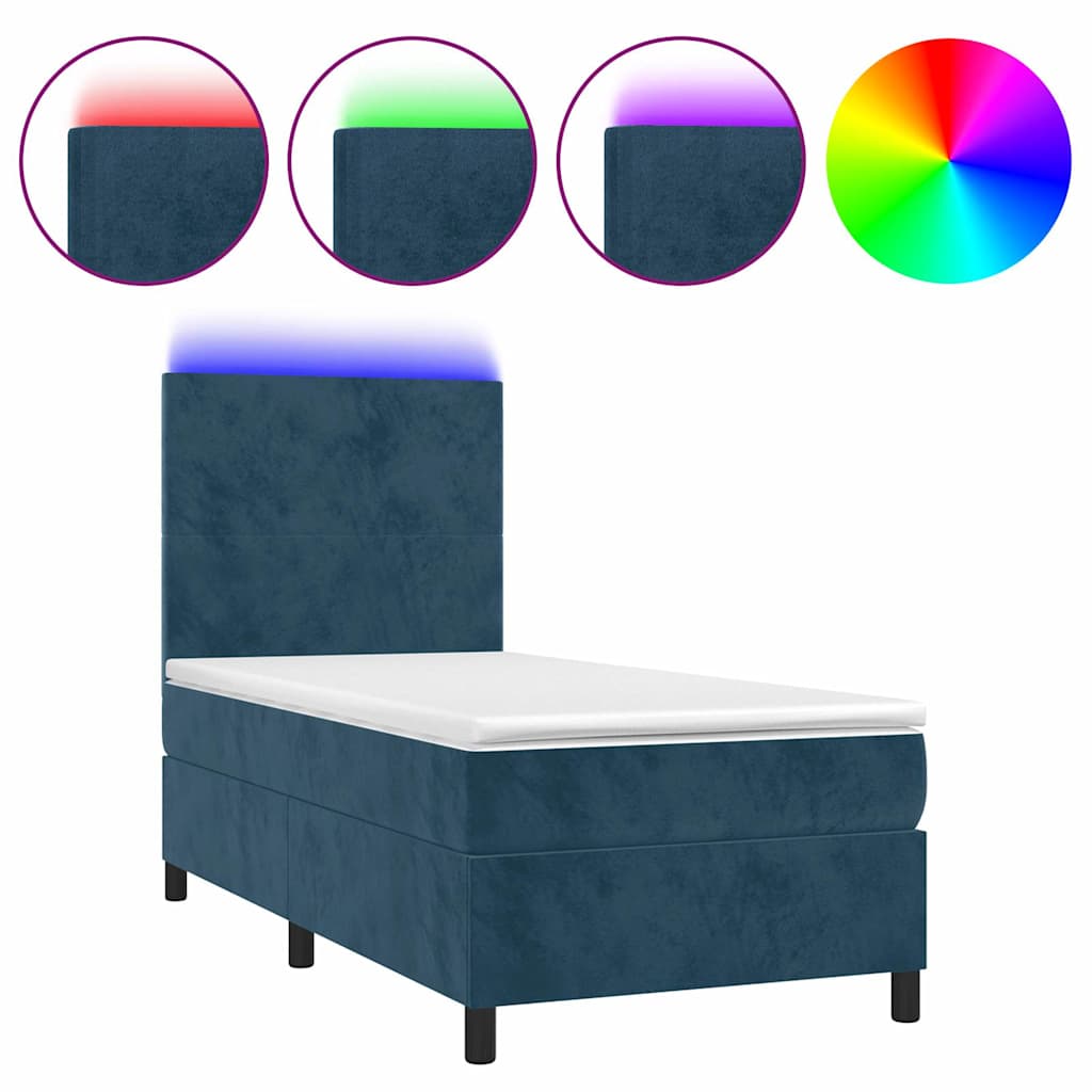 Krevet box spring s madracem LED tamnoplavi 90x190 cm baršun