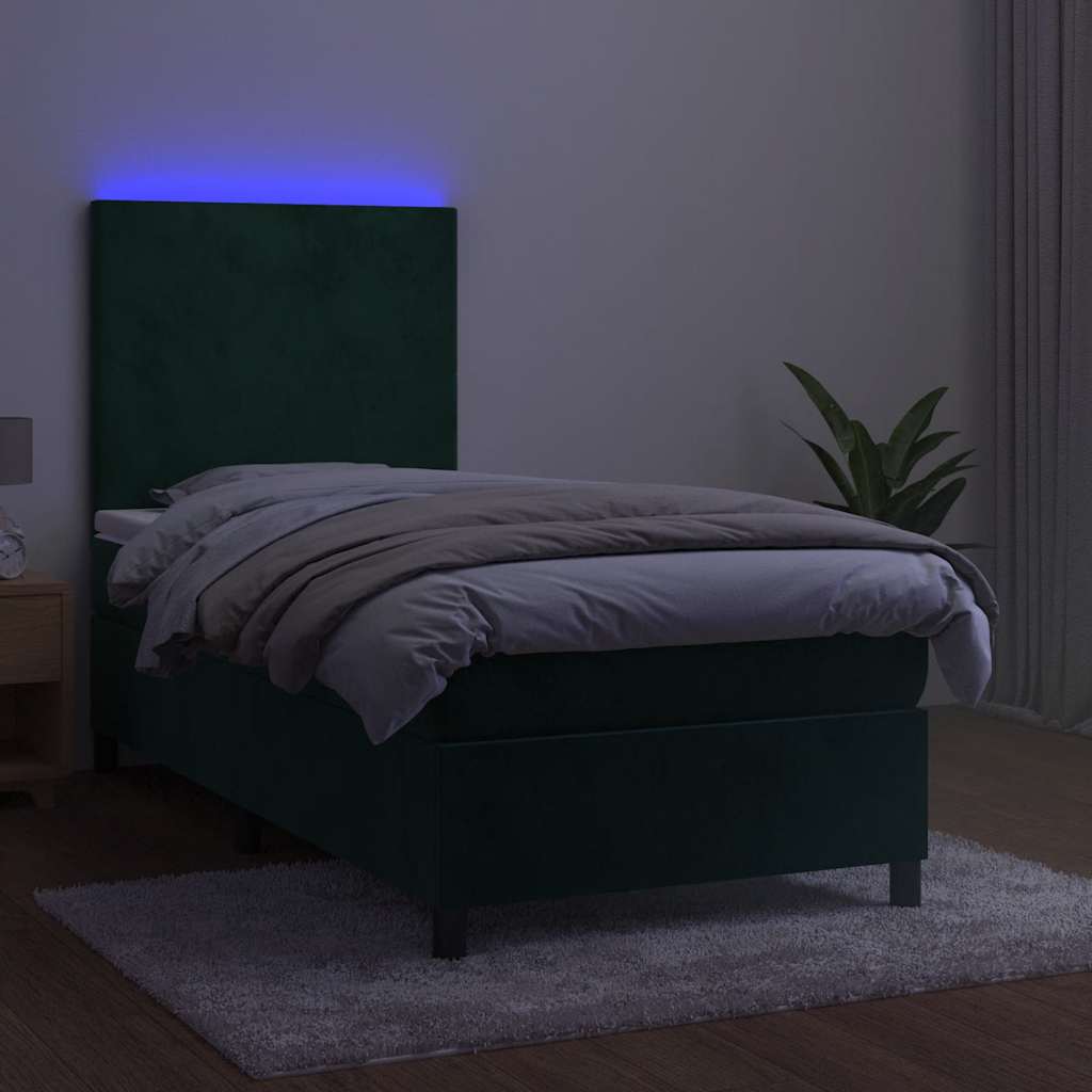 Krevet box spring s madracem LED tamnozeleni 100x200 cm baršun
